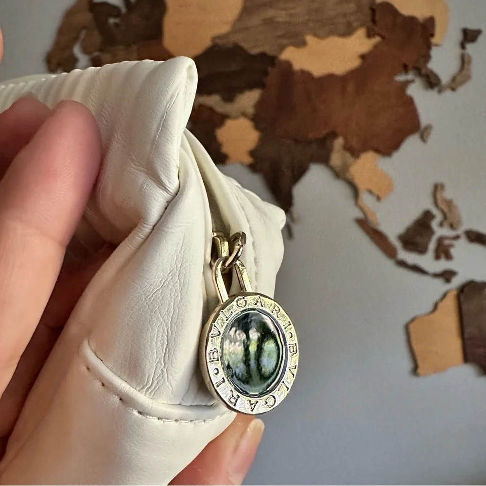 BVLGARI Cream Ivory Ribbed Cosmetic Zip Travel Luxury Pouch